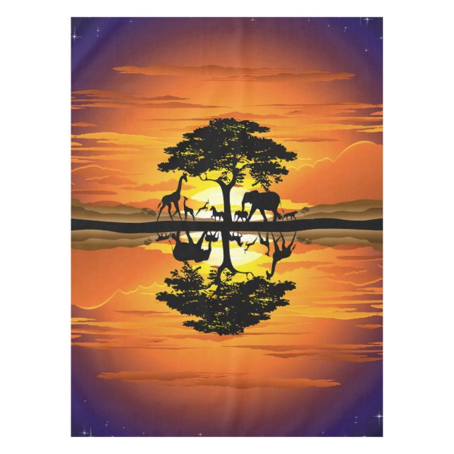 Wild Animals on African Savanna Sunset Tablecloth (Front)