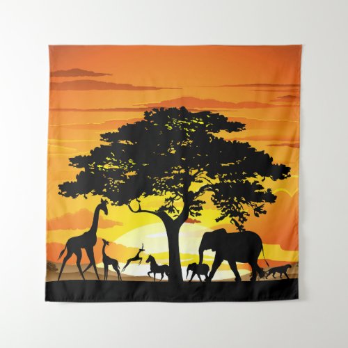 Wild Animals on African Savanna Sunset Tapestry