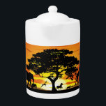 Wild Animals on African Savanna Sunset Teapot<br><div class="desc">Stunning,  Bright and Peaceful Sunset on Wild African Savanna Landscape with Wild Animals Shapes. Originally created with Hi Quality / Hi Resolugion Vector Graphic Art Technique Copyright BluedarkArt TheChameleonArt.</div>
