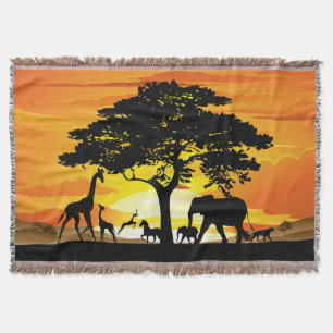 Wild Animals on African Savanna Sunset Throw Blanket
