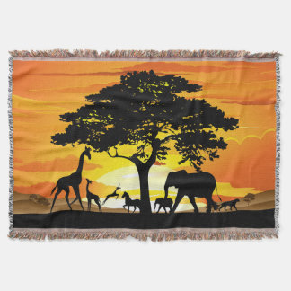 Wild Animals on African Savanna Sunset Throw Blanket