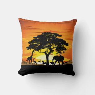 Wild Animals on African Savanna Sunset Throw Pillow