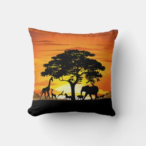 Wild Animals on African Savanna Sunset Throw Pillow