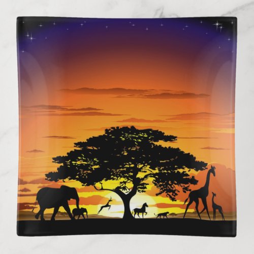 Wild Animals on African Savanna Sunset Trinket Tray