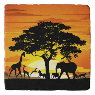 Wild Animals on African Savanna Sunset Trivet