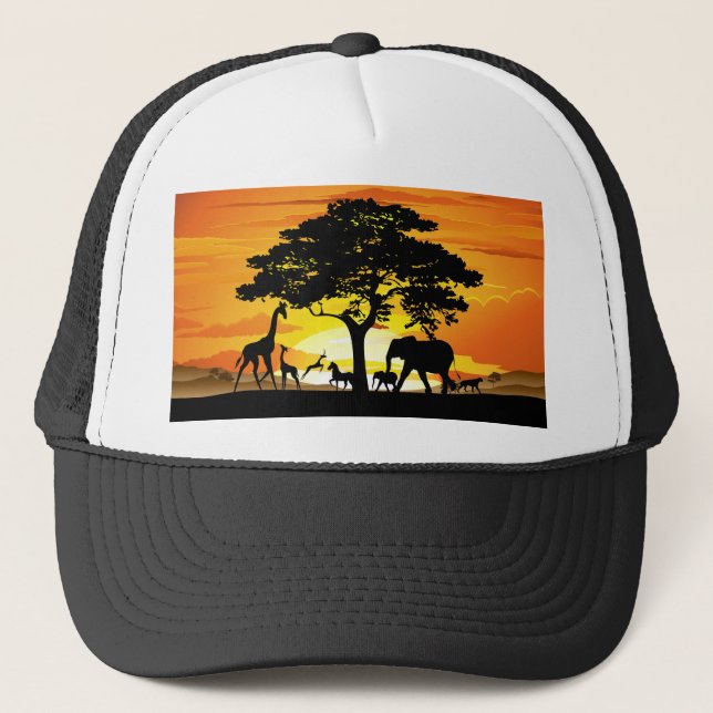 Wild Animals on African Savanna Sunset Trucker Hat (Front)
