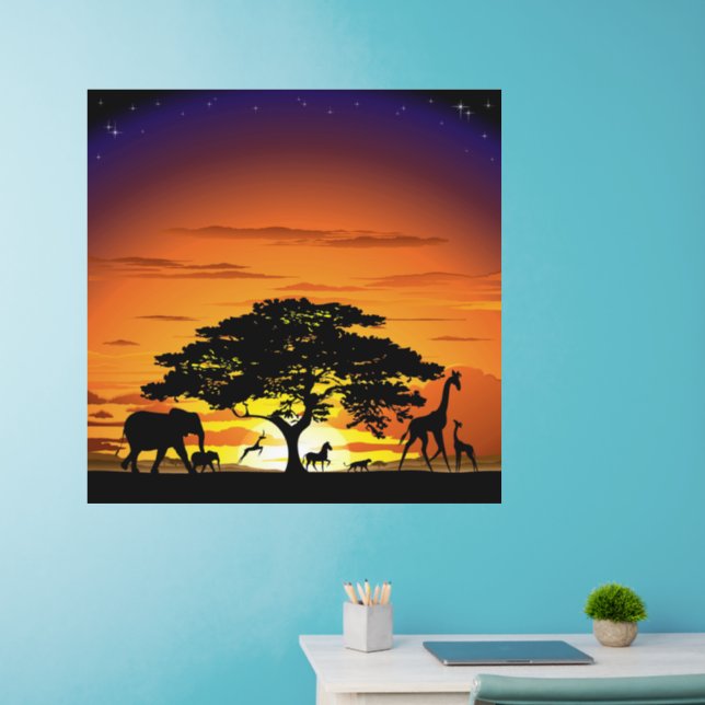 Wild Animals on African Savanna Sunset Wall Decal (Home Office)