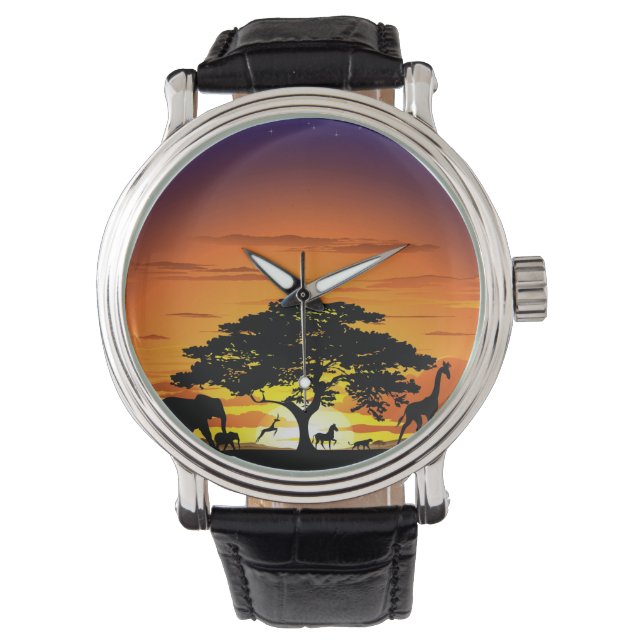 Wild Animals on African Savanna Sunset Watch (Front)