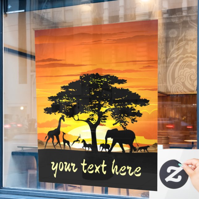 Wild Animals on African Savanna Sunset Window Cling (Cafe Window)