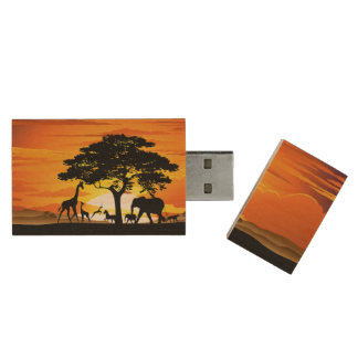 Wild Animals on African Savanna Sunset Wood Flash Drive