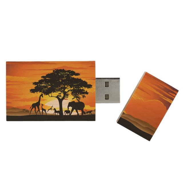 Wild Animals on African Savanna Sunset Wood Flash Drive (Opened)