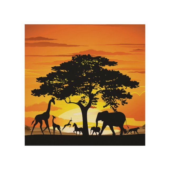 Wild Animals on African Savanna Sunset Wood Wall Art (Front)