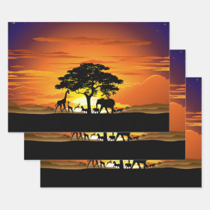 Wild Animals on African Savanna Sunset Wrapping Paper Sheets