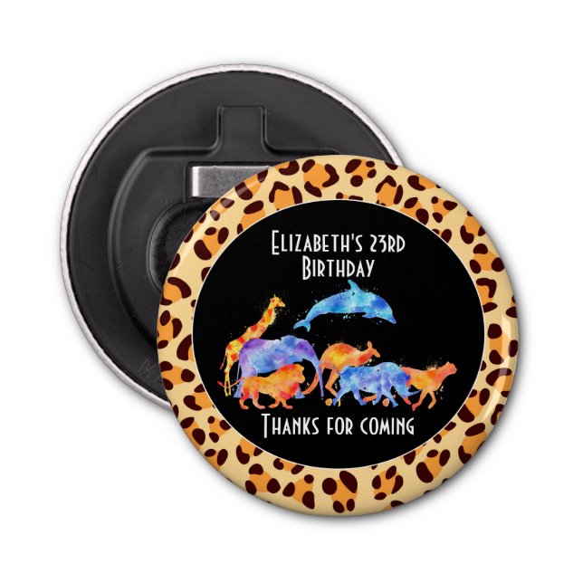Wild Animals on an Exotic Leopard Print Pattern Bottle Opener (Front)