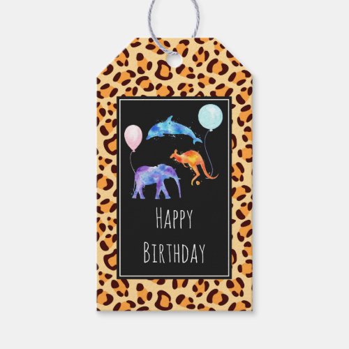 Wild Animals on Exotic Leopard Print Birthday Gift Tags