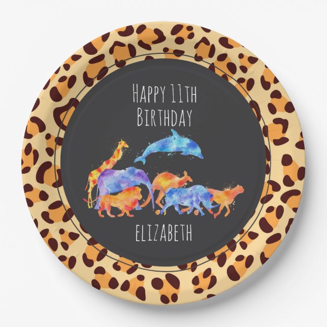 Wild Animals on Exotic Leopard Print Birthday Paper Plates (Front)