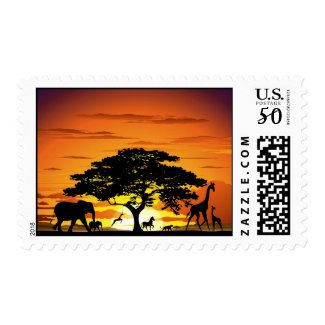 Wild Animals on Savannah Sunset Stamp Postage