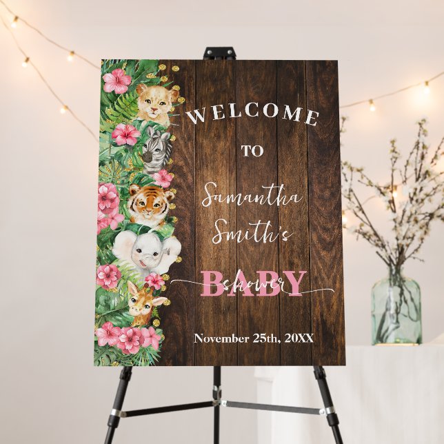 Wild Animals Pink Rustic Welcome Baby Shower Foam Board (In Situ (Stand))