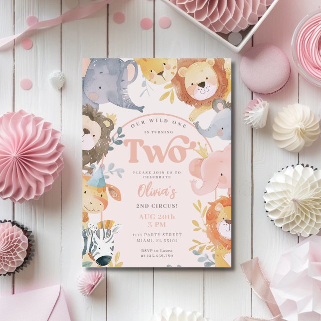 Wild Animals Pink Two Girl Photo Birthday Invitation (Creator Uploaded)
