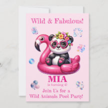 Wild Animals Pool Party Birthday Invitation Girl