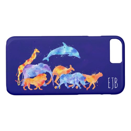 Wild Animals Running Colorful Watercolor Monogram iPhone 87 Case