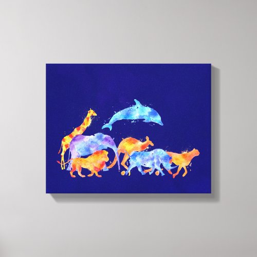 Wild Animals Running Together Colorful Watercolor Canvas Print