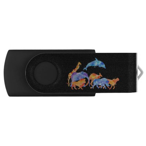 Wild Animals Running Together Colorful Watercolor Flash Drive