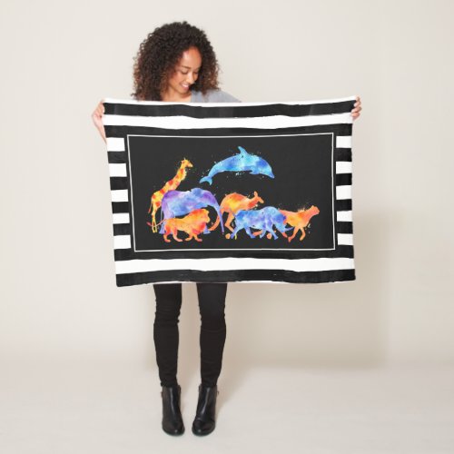 Wild Animals Running Together Colorful Watercolor Fleece Blanket