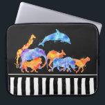 Wild Animals Running Together Colorful Watercolor Laptop Sleeve<br><div class="desc">Laptop sleeve with a digital watercolor image of a herd of wild animals running together. Animals 
include a jumping dolphin,  a giraffe,  elephant,  kangaroo,  rhino,  lion and leopard. The bottom has a border with a black and white squiggly striped pattern.</div>