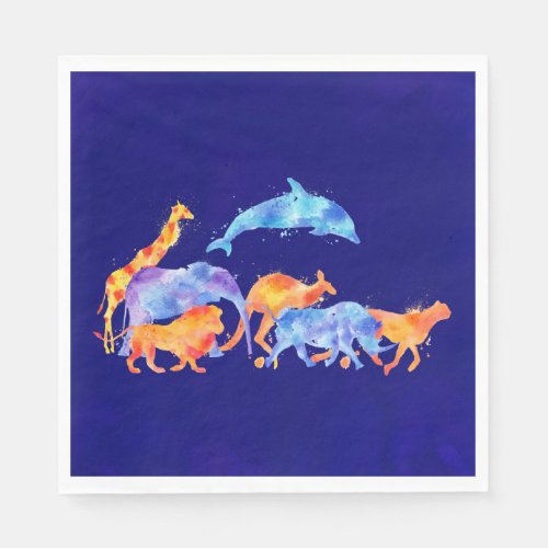 Wild Animals Running Together Colorful Watercolor Paper Napkins