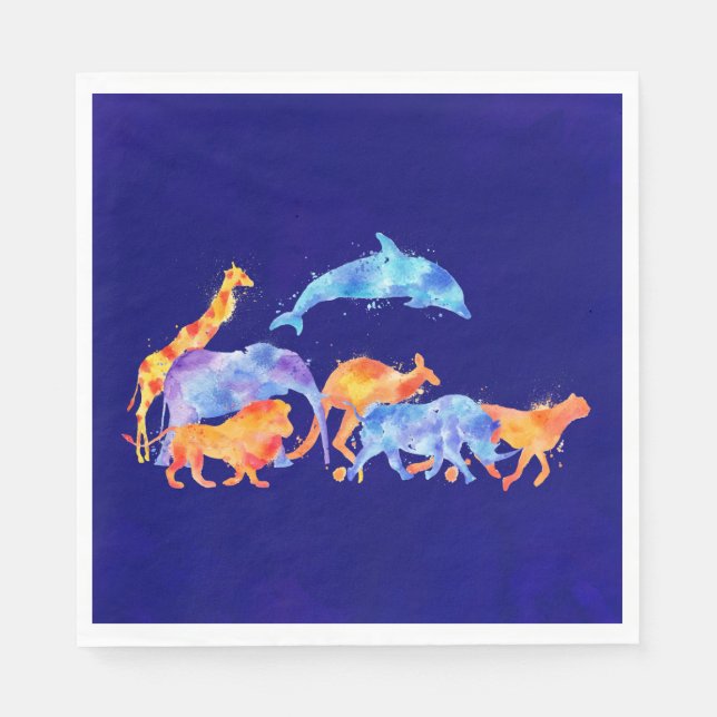 Wild Animals Running Together Colorful Watercolor Paper Napkins (Front)