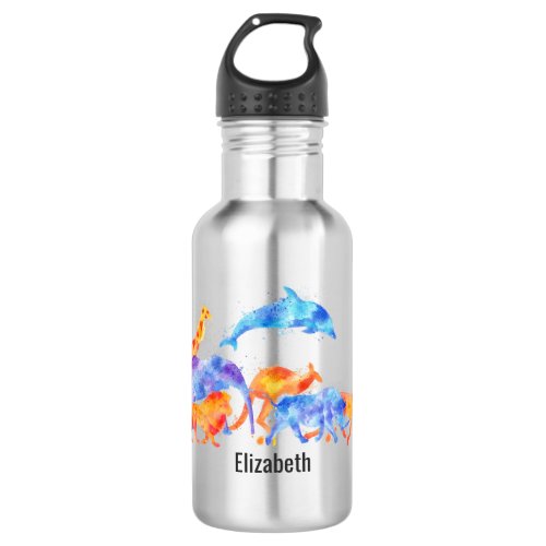 Wild Animals Running Together Colorful Watercolor Stainless Steel Water Bottle