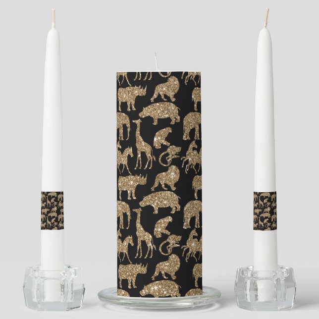 Wild Animals Safari Elegant Golden Glitter Sparkle Unity Candle Set (Front)