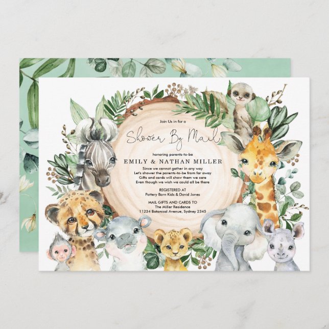 Wild Animals Safari Greenery Baby Shower By Mail Invitation (Front/Back)