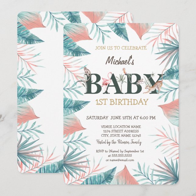 Wild Animals Tropical Leaves 1st Birthday  Invitation (Front/Back)