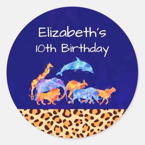 Wild Animals with a Leopard Print Border Birthday Classic Round Sticker