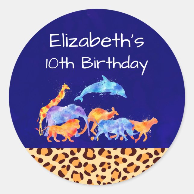 Wild Animals with a Leopard Print Border Birthday Classic Round Sticker (Front)