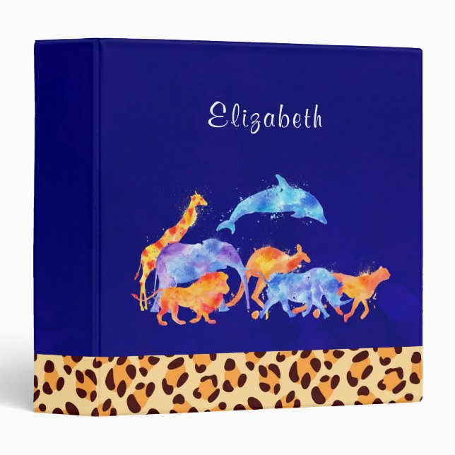 Wild Animals with a Leopard Print Border Custom 3 Ring Binder (Front/Spine)