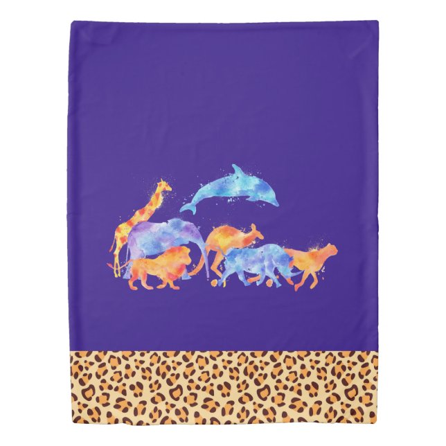 Wild Animals with a Leopard Print Border Duvet Cover (Front)