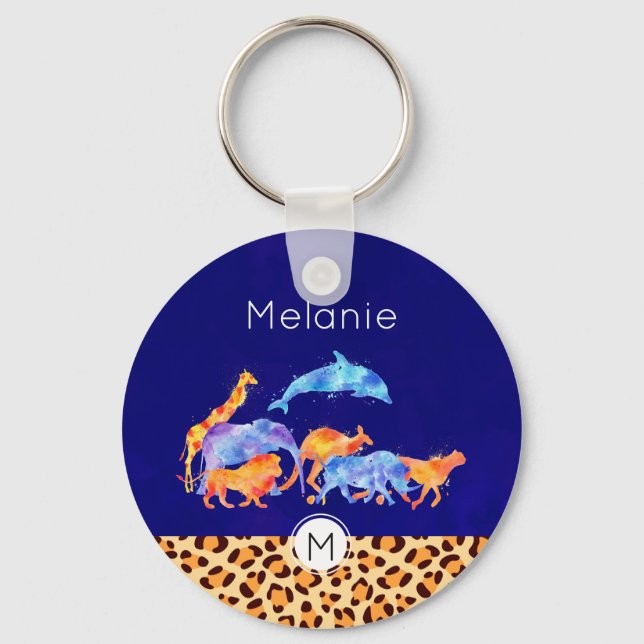 Wild Animals with a Leopard Print Border Monogram Keychain (Front)