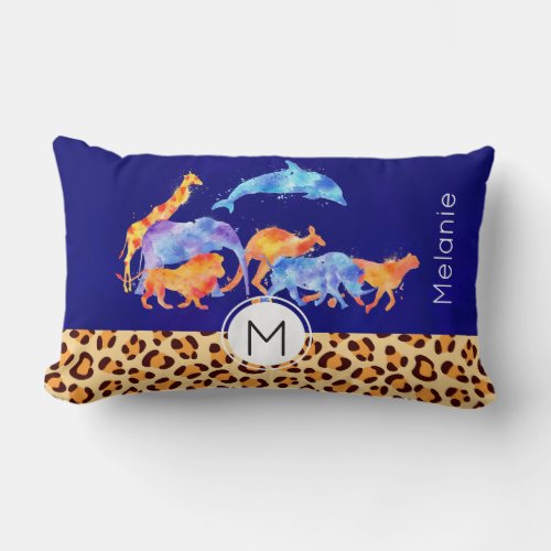 Wild Animals with a Leopard Print Border Monogram Lumbar Pillow