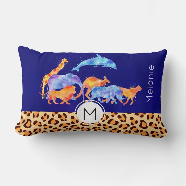 Wild Animals with a Leopard Print Border Monogram Lumbar Pillow (Front)