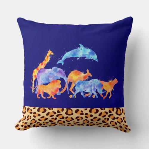 Wild Animals with a Leopard Print Border Throw Pillow