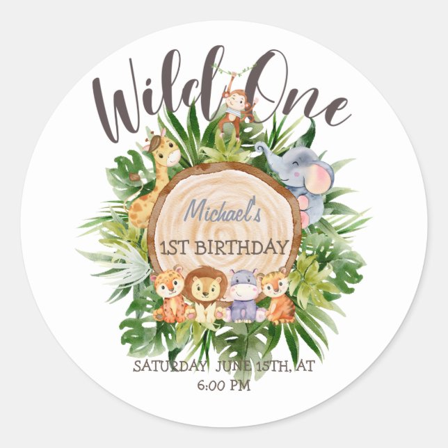 Wild Animals Wood Birthday   Classic Round Sticker (Front)