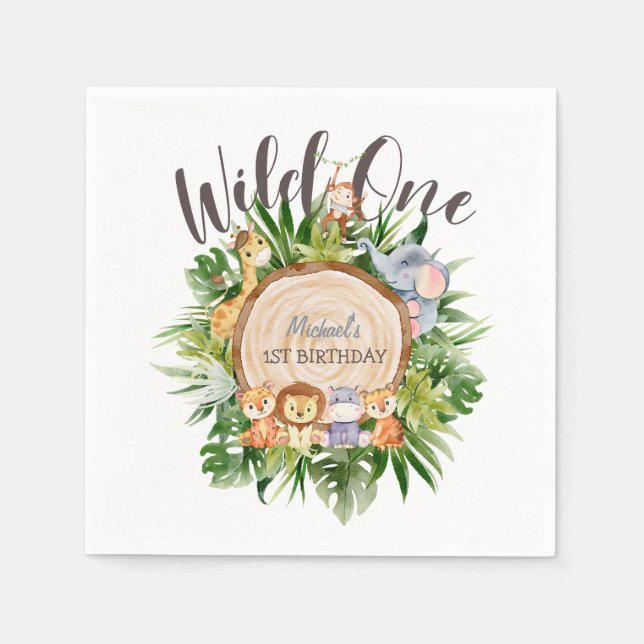 Wild Animals Wood Birthday   Napkins (Front)
