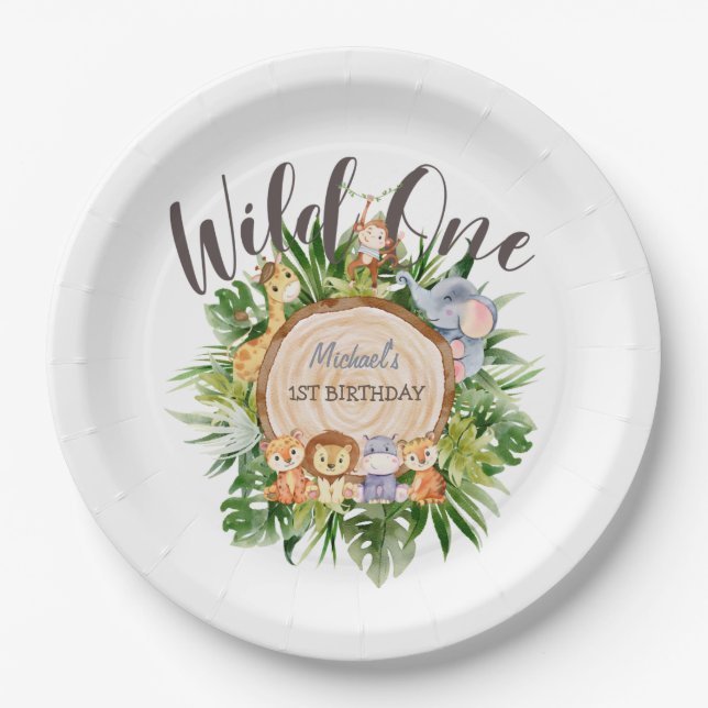 Wild Animals Wood Birthday  Paper Plates (Front)
