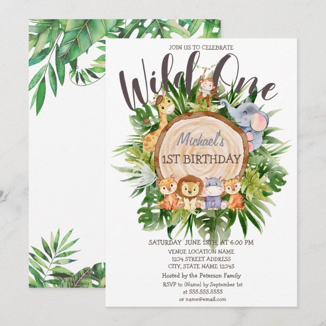 Wild Animals Wood Glitter Birthday   Invitation (Front/Back)
