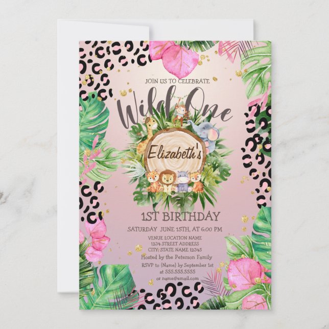 Wild Animals Wood Tropical Flowers Birthday   Invitation (Front)