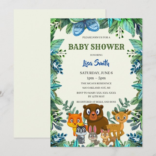 Wild Animals Woodland Forest Greenery Baby Shower Invitation (Front/Back)