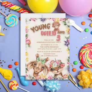Wild Animals Young Wild Three Girl's 3rd Birthday Invitation